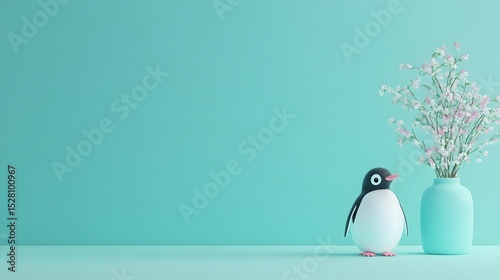 Cute Penguin and Floral Arrangement on Teal Background