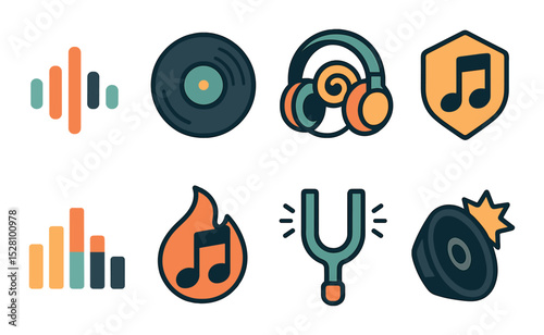 Music Logo Concept isometric set. Sound wave, vinyl disc icon, headphone swirl, musical note badge, equalizer mark, melody flame, tuning fork, speaker