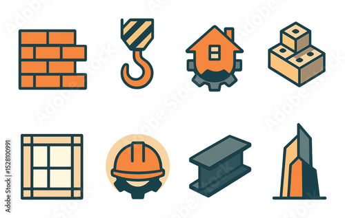 Construction Logo Concept isometric set. Brick wall icon, crane hook symbol, gear house, building block, structural frame, hard hat badge, beam logo.