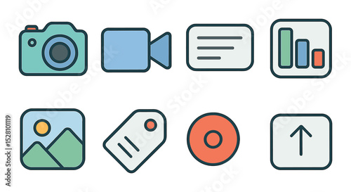Content creation tools isometric set. camera icon, video recorder, text post box, poll icon, image gallery, caption tag, live broadcast dot, media upload