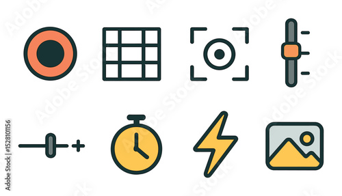 Camera interface icons isometric set. shutter button, camera grid, focus reticle, zoom slider, exposure meter, timer icon, flash toggle, gallery preview