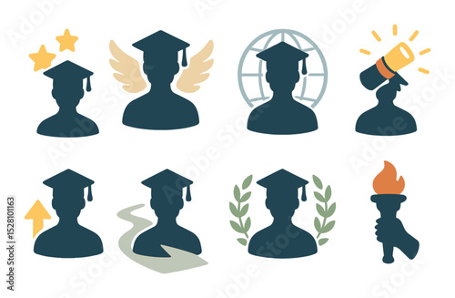 Graduate silhouette with symbols isometric set. stars rising behind, wings silhouette, globe background, glowing diploma, arrow pointing upward, path ahead