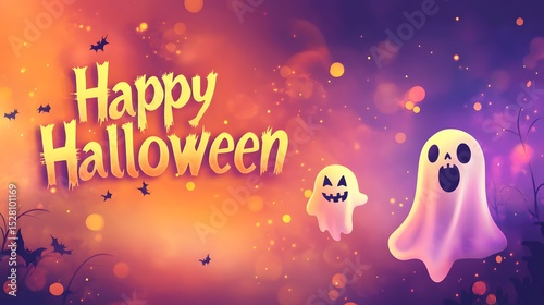 Spooky Halloween Ghosts with Festive Background and Cheerful Vibes