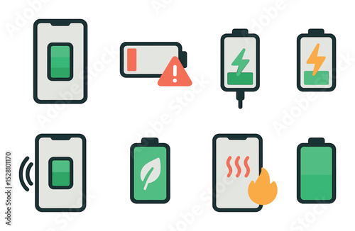 Battery and charging icons isometric set. phone with full battery, low battery alert, charging icon, fast charge lightning, wireless charging, battery