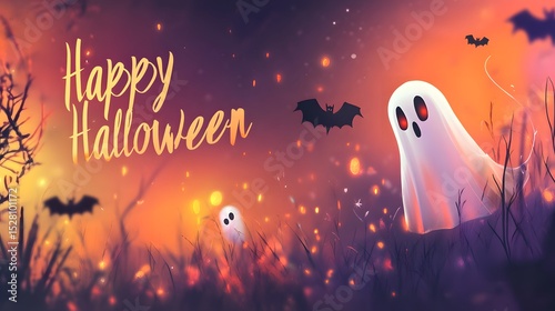 Spooky Halloween Background with Ghosts and Bats in Dark Atmosphere