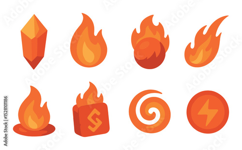 Fire Element Concept isometric set. Fire crystal, elemental flame, inferno orb, fiery trail, lava flame, burning rune, heat swirl, red energy pulse