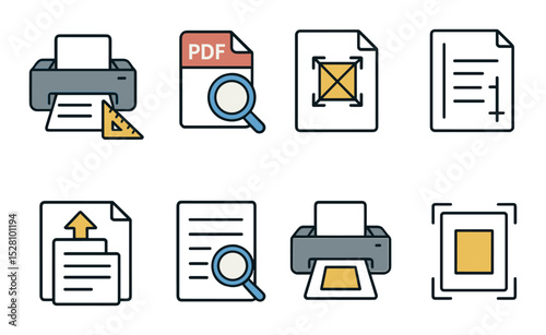 Print & Document Scaling Concept isometric set. Printer scale icon, PDF zoom, fit-to-page tool, margin adjust, paper resize, doc magnifier, print preview.