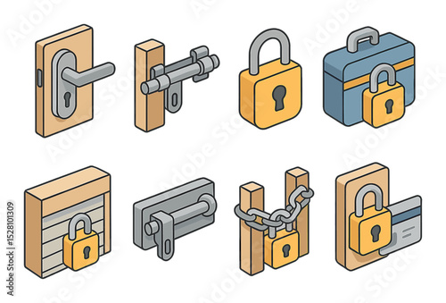 Physical Access Control Concept isometric set. Door lock, gate latch, locker padlock, suitcase lock, garage lock, cabinet bolt, fence chain, lock with