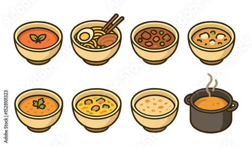 Soups & Stews Concept isometric set. Tomato soup bowl, ramen bowl, beef stew, miso soup, lentil soup, chicken noodle soup, creamy chowder, broth pot