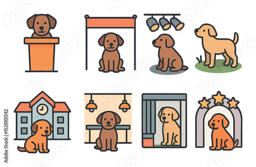 Dogs by setting isometric set. dog at podium, dog under banner, dog on stage lights, dog on grassy field, dog by school building, dog in decorated room.