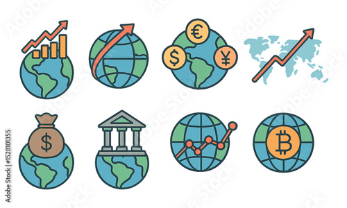 Global Economy Concept isometric set. Economy graph over globe, stock exchange globe, currency icons circling Earth, inflation trend on map, money bag over