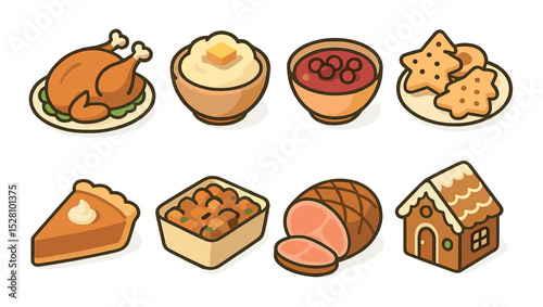 Holiday Foods Concept isometric set. Roast turkey, mashed potatoes, cranberry sauce, holiday cookies, pumpkin pie, stuffing, glazed ham, gingerbread house