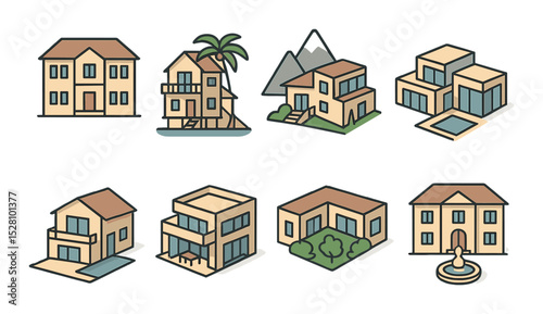 Luxury and dream homes isometric set. mansion icon, beach house with palm tree, mountain villa, modern glass home, poolside house, rooftop terrace, garden