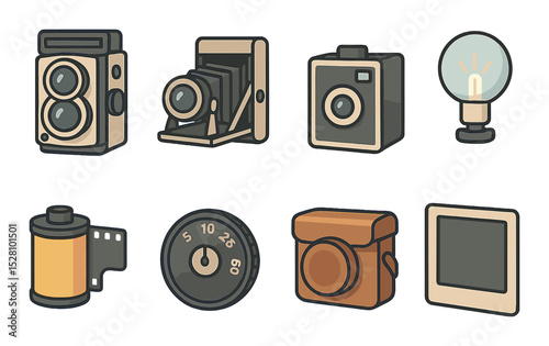 Vintage Camera Concept isometric set. Twin-lens reflex, folding bellows camera, box camera, classic flashbulb, film canister, retro shutter dial, leather