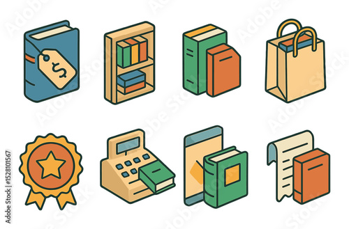 Bookstore icons isometric set. price-tagged book, shelf display, featured title book, shopping bag with books, best seller badge, cash register and book.