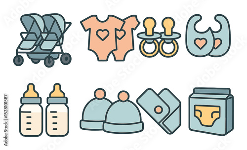 Twin Babies Concept isometric set. Double stroller, matching onesies, twin pacifiers, twin bibs, twin bottles, twin hats, twin blankets, twin diaper pack