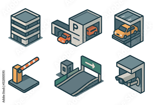 Parking structure icons isometric set. multi-level garage, underground parking, rooftop parking, elevator car platform, parking barrier gate, entrance ramp