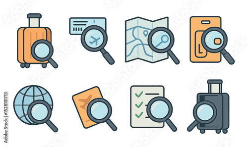 Search in Travel Concept isometric set. Suitcase inspection, boarding pass scan, airport map, hotel keycard with lens, globe search, ticket finder, travel