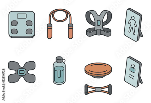 Fitness Devices Concept isometric set. Smart scale, jump rope tracker, posture corrector, balance board, portable EMS trainer, hydration tracker.