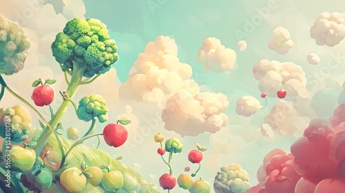 Dreamy Landscape with Colorful Vegetables and Whimsical Clouds