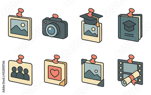Photo memory pins isometric set. photo frame, camera icon, polaroid with cap, signed yearbook, class photo silhouette, scrapbook heart, photo corner pins.