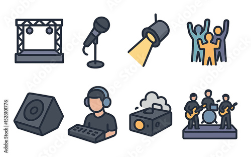 Live performance icons isometric set. concert stage, microphone on stand, spotlight beam, crowd with hands up, stage monitor, sound technician, fog machine