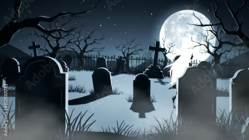 Spooky graveyard at night with full moon and eerie ghost, haunted cemetery mood and horror concept – halloween, death, and mystery themes