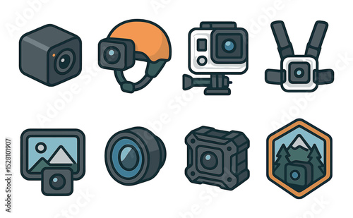 Action Camera Concept isometric set. Compact camera cube, helmet cam, waterproof case, chest mount, POV shot icon, sports lens, rugged camera shell.