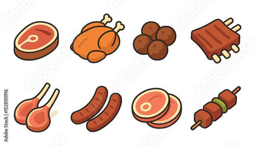 Meat Dishes Concept isometric set. Steak, roast chicken, meatballs, pork ribs, lamb chops, grilled sausages, ham slices, beef kebabs