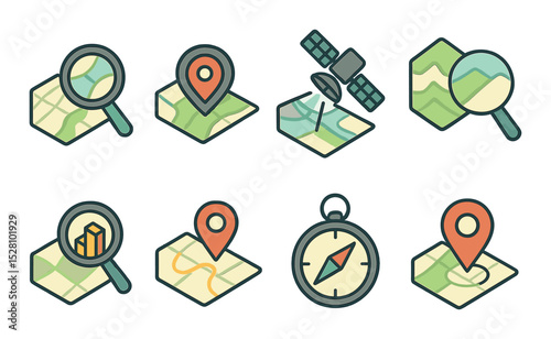 Map Scaling Concept isometric set. Zoom on map, location magnifier, satellite zoom, terrain detail, city view scale, route enlarge, compass lens, zoom