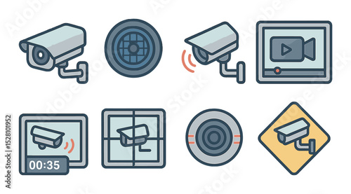 Surveillance Video Concept isometric set. Security cam, night vision lens, motion alert, playback footage, timestamp overlay, camera angle grid, infrared