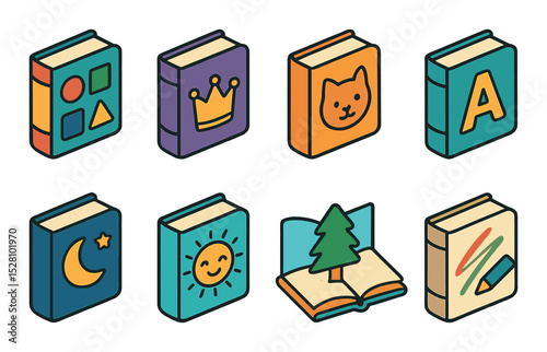 Children’s books isometric set. colorful storybook, fairytale book with crown, animal picture book, alphabet book, bedtime storybook, book with smiling sun