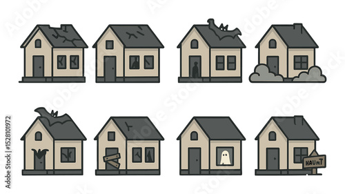 Abandoned and haunted homes isometric set. broken roof house, cracked windows, creepy silhouette in window, fog around house, bat on roof, boarded-up door.