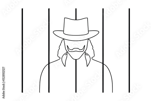 Line drawing mysterious man in hat behind bars