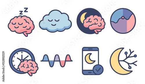 Sleep & Brain Function Concept isometric set. Sleeping brain, dream cloud, night mode brain, REM cycle, clock with brain, relaxation wave, sleep tracker.