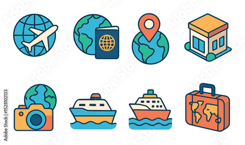 Travel & Tourism Concept isometric set. Globe with airplane, passport next to Earth, luggage on map, location pin on globe, travel agency icon, photo