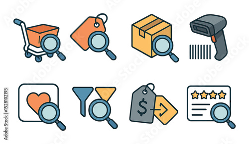 Search in Online Shopping Concept isometric set. Cart with magnifier, product tag scan, package tracking, barcode reader, wishlist search, filter options.