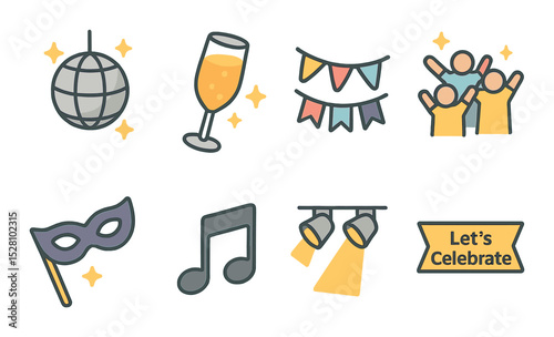 Graduation party pins isometric set. disco ball, sparkling drink, garland, group cheer, party mask, music icon, night lights, “Let’s Celebrate” banner
