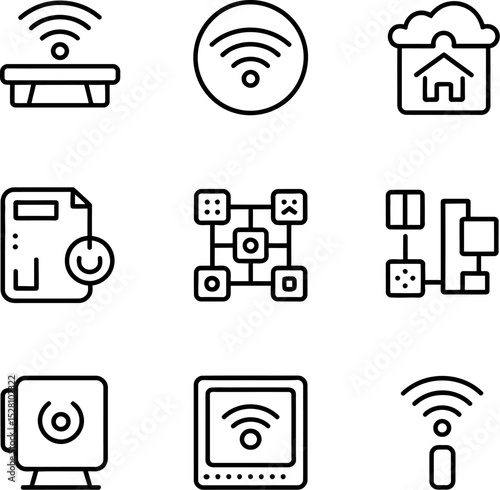 A collection of nine black and white line icons representing wifi and network
