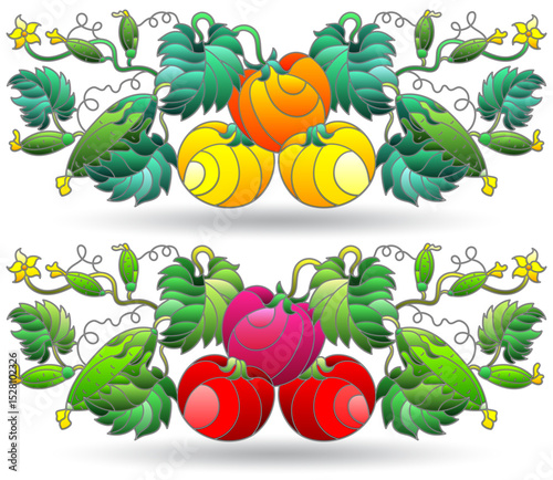 A set of stained glass illustrations with compositions of vegetables, plants isolated on a white background