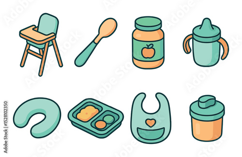 Baby Feeding Concept isometric set. High chair, baby spoon, puree jar, sippy cup, breastfeeding pillow, baby food tray, bib with pocket, snack container