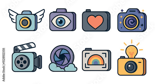 Creative Camera Use Concept isometric set. Camera with wings, lens as eye, camera-heart icon, cosmic camera swirl, film reel cam combo, dreamy lens logo.