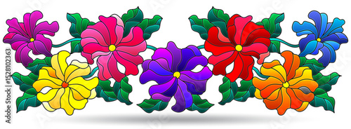 Illustration in the style of stained glass with composition of petunia flowers, flowers isolated on a white background