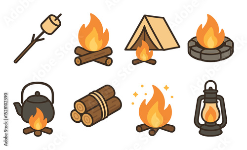 Campfire Concept isometric set. Marshmallow on stick, log fire, tent with fire, campfire ring, kettle over flame, firewood bundle, sparks in night, flame