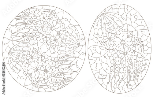 A set of contour illustrations in the style of a stained glass window with jellyfish, dark contours on a white background