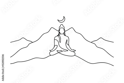 Serene buddha line drawing meditating mountaintop moon