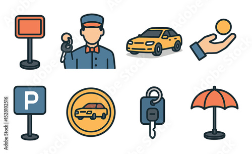 Valet parking icons isometric set. valet stand, attendant with keys, luxury car at valet, tipping hand icon, valet zone sign, parked by valet badge, car
