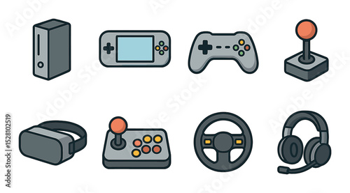 Gaming Devices Concept isometric set. Game console, handheld gaming device, gaming controller, joystick, VR console, arcade stick, racing wheel, gaming