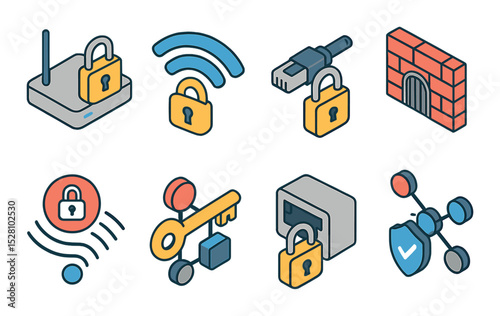 Network Security Concept isometric set. Lock on router, secure Wi-Fi symbol, locked connection cable, firewall gate, encrypted signal, network key, closed