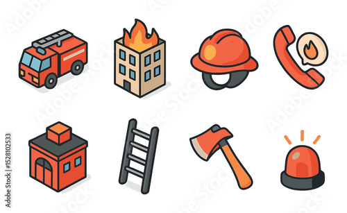 Fire Emergency Concept isometric set. Fire truck, burning building, firefighter helmet, emergency phone, fire station, ladder icon, axe tool, rescue siren